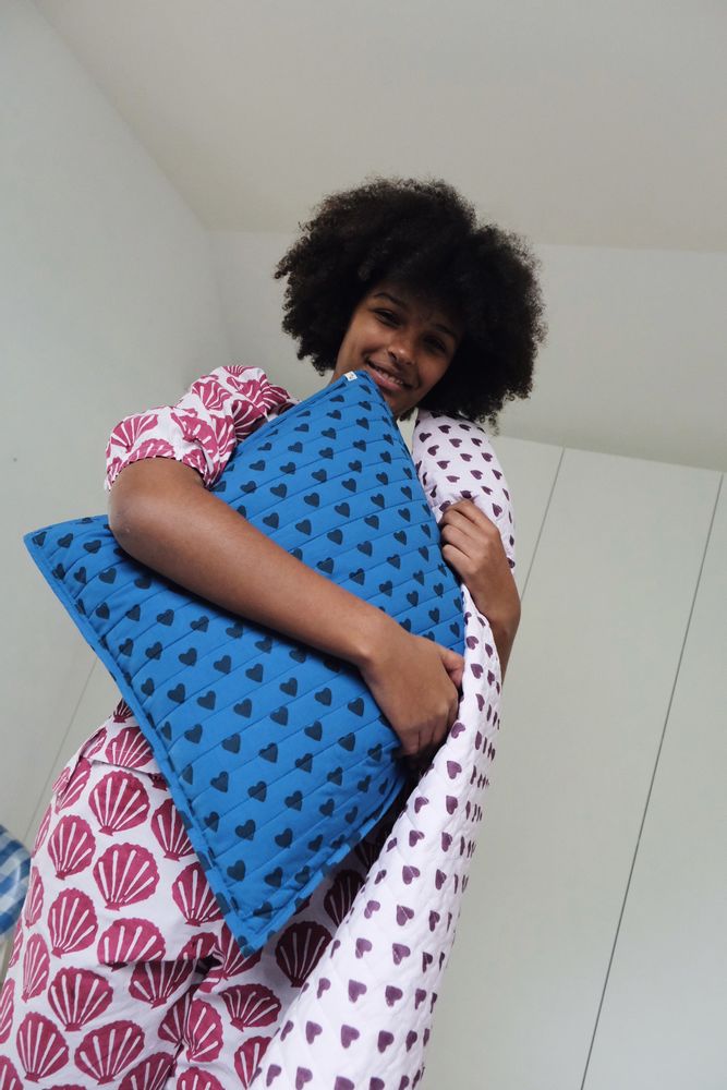 Cushions - Quilted cushion in organic cotton - Blue Heart - HOLI AND LOVE