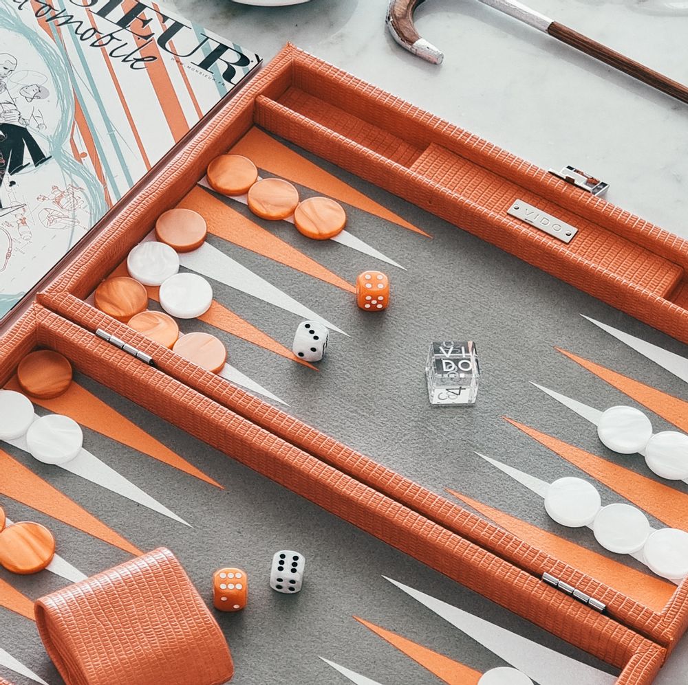 Gifts - Backgammon Set Orange - Lizard Vegan Leather - Large - VIDO LUXURY BOARD GAMES