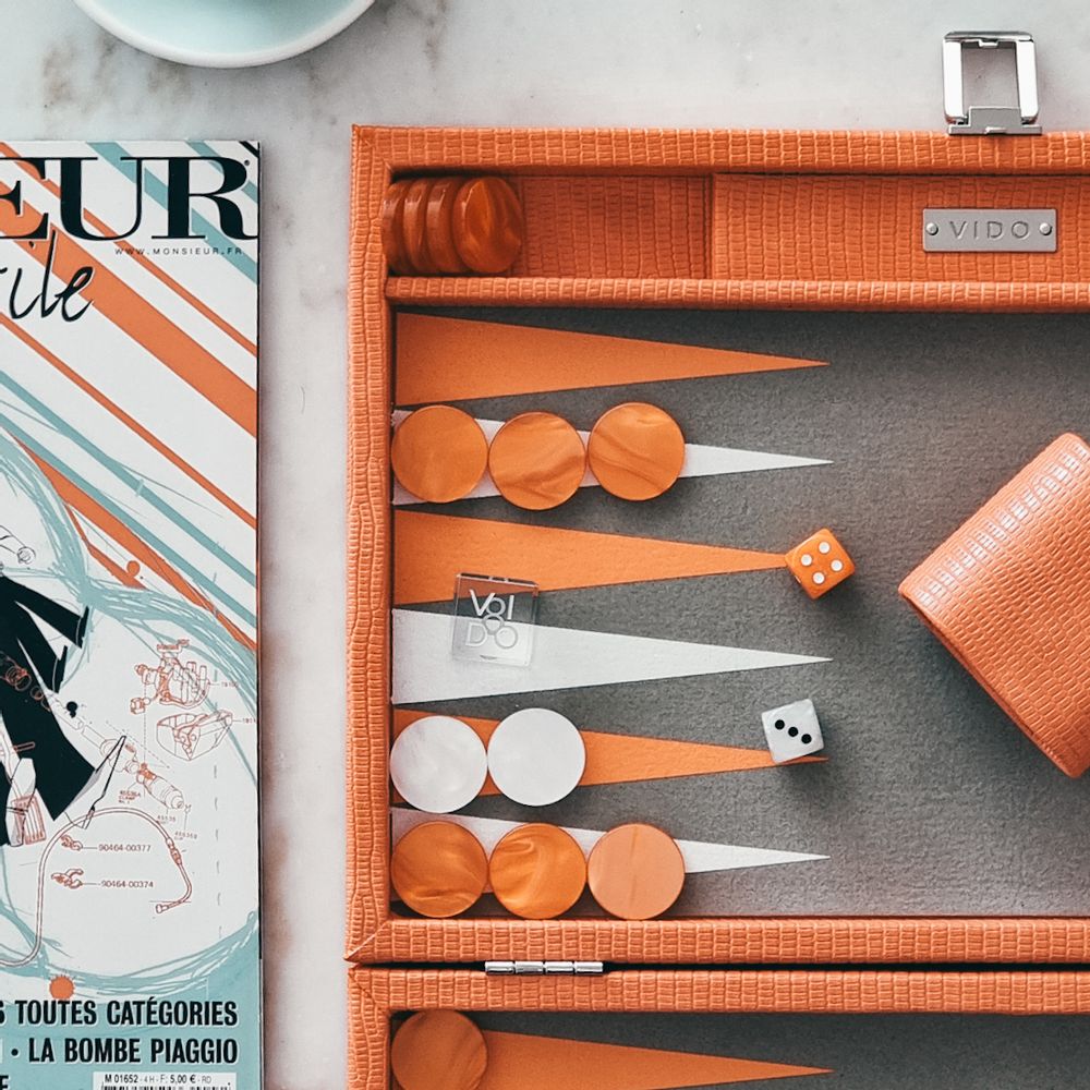 Gifts - Backgammon Set Orange - Lizard Vegan Leather - Large - VIDO LUXURY BOARD GAMES