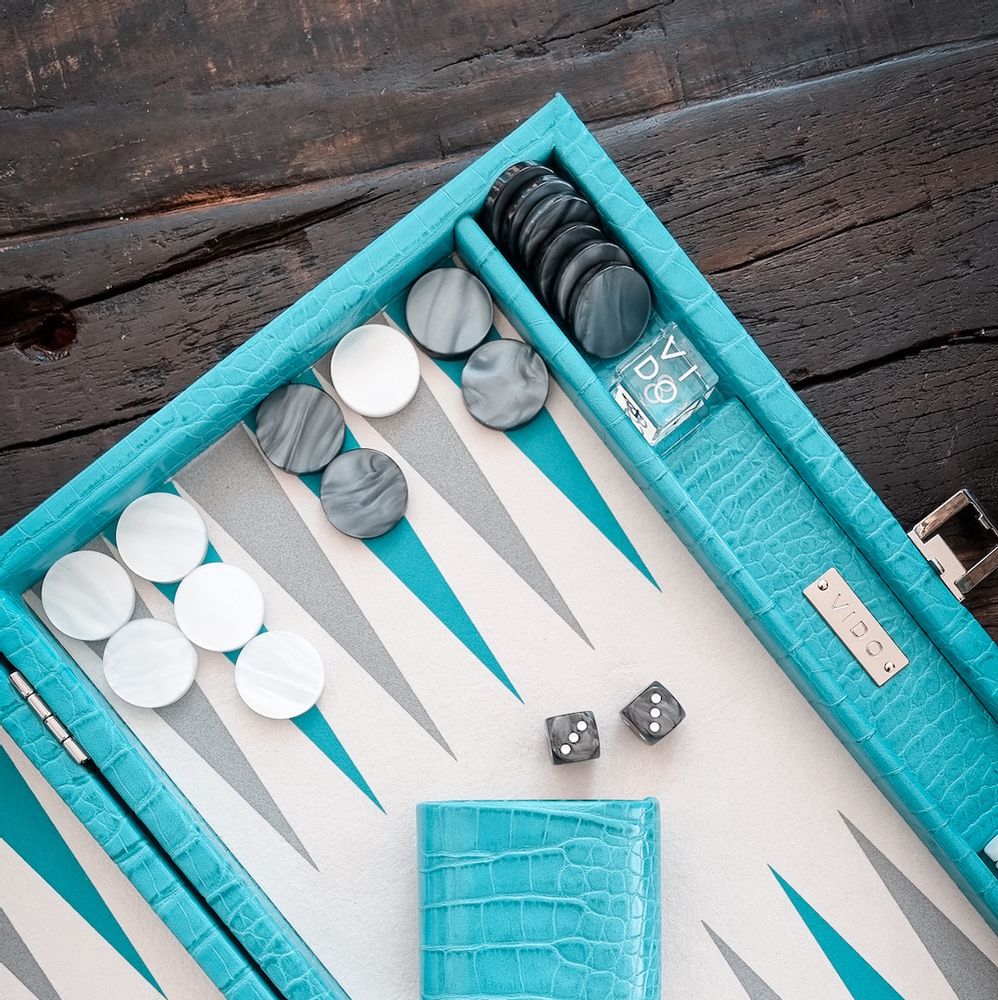 Leather goods - Backgammon Set Turquoise - Alligator Vegan Leather - Medium - VIDO LUXURY BOARD GAMES
