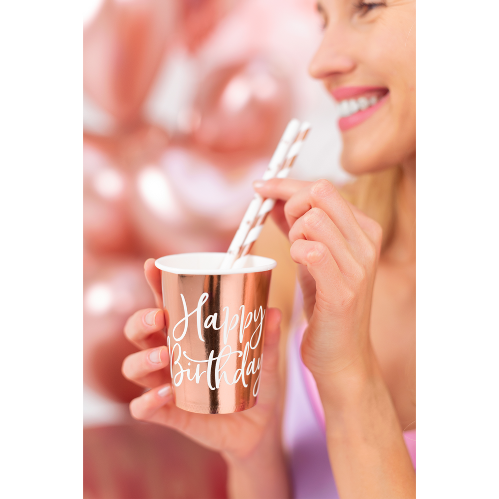 Objets de décoration - Gobelets Happy Birthday, or rose, Assiettes Happy Birthday, or rose - PARTYDECO