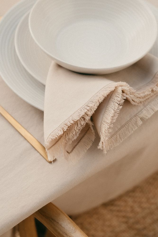 Nappes - Lot de 2 serviettes en coton et lin beige à franges 40x40 cm MS22031 - ANDREA HOUSE