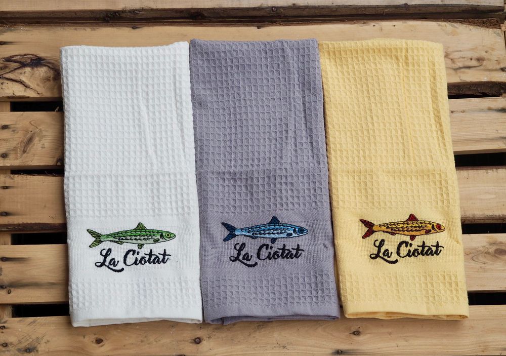 Torchons textile - Torchon Nid Abeille Brodé Sardine Personnalisable 45x70 - NATURE A SUIVRE