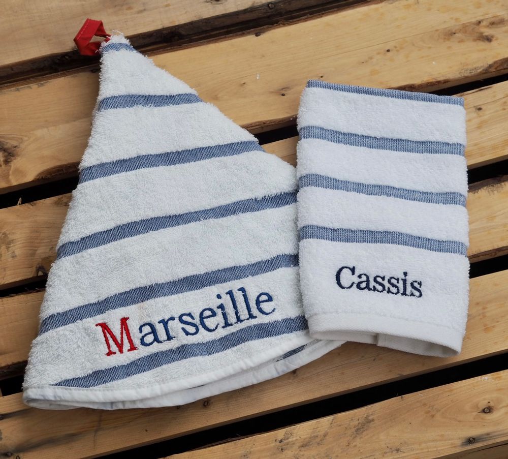 Autres linges de bain - Essuies mains marinière rayé brodé Marseille diamètre 70cm - NATURE A SUIVRE