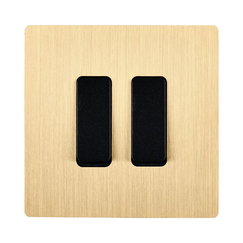 Interrupteurs - 2 Boutons Plats M en noir sur Plaque simple en Laiton Brossé - MODELEC