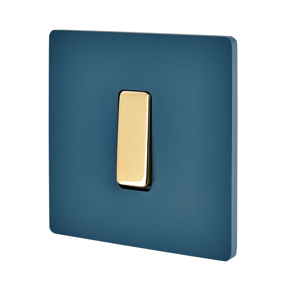 Interrupteurs - Bouton Plat M en Laiton Miroir Vernis sur Plaque simple peinte en Bleu RL - MODELEC