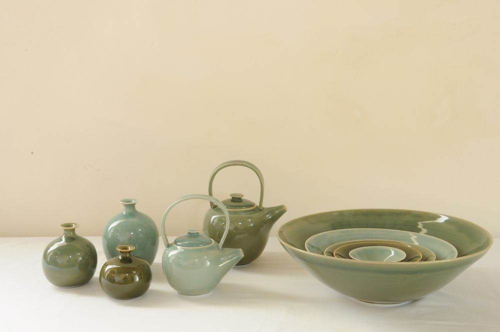 Vases - Group of vases, tea pots and bols - Celadon glazes - CHRISTIANE PERROCHON