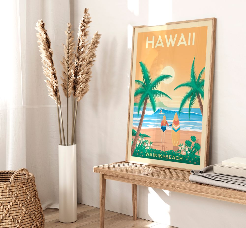 Poster - HAWAII WAIKIKI BEACH VINTAGE TRAVEL POSTER - OLAHOOP TRAVEL POSTERS