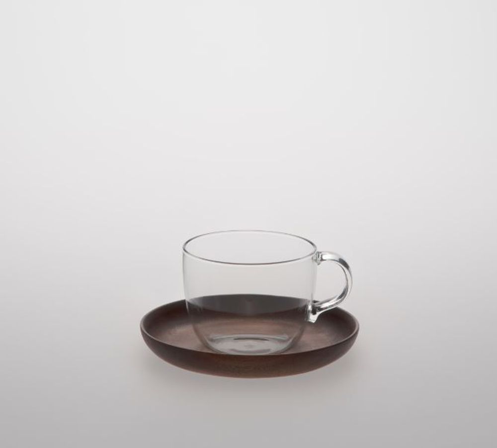 Accessoires thé et café - Tasse à café en verre résistant à la chaleur 230 ml avec soucoupe en acacia 131 mm - TG