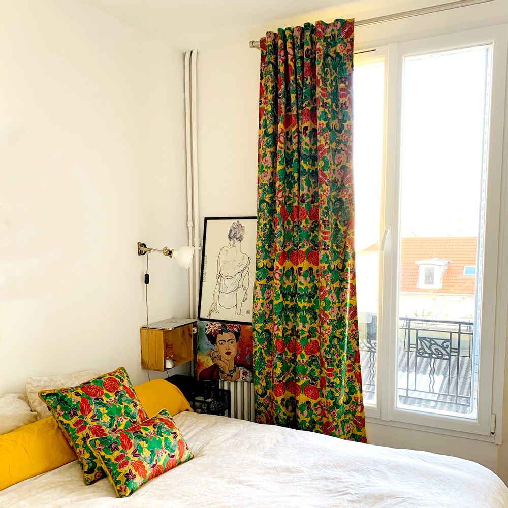 Fabric cushions - Velvet cushion “Au Jardin” yellow - AMÉLIE CHOQUET