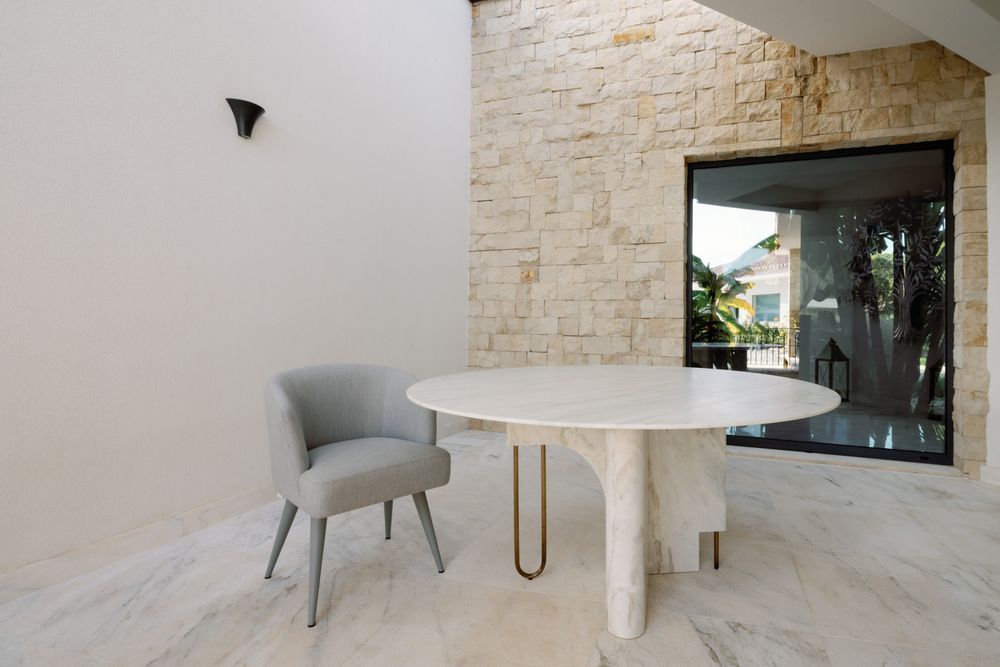 Dining Tables - Modern Ferreirinha Round Dining Table, Calacatta Marble, Handmade by Greenapple - GREENAPPLE DESIGN INTERIORS