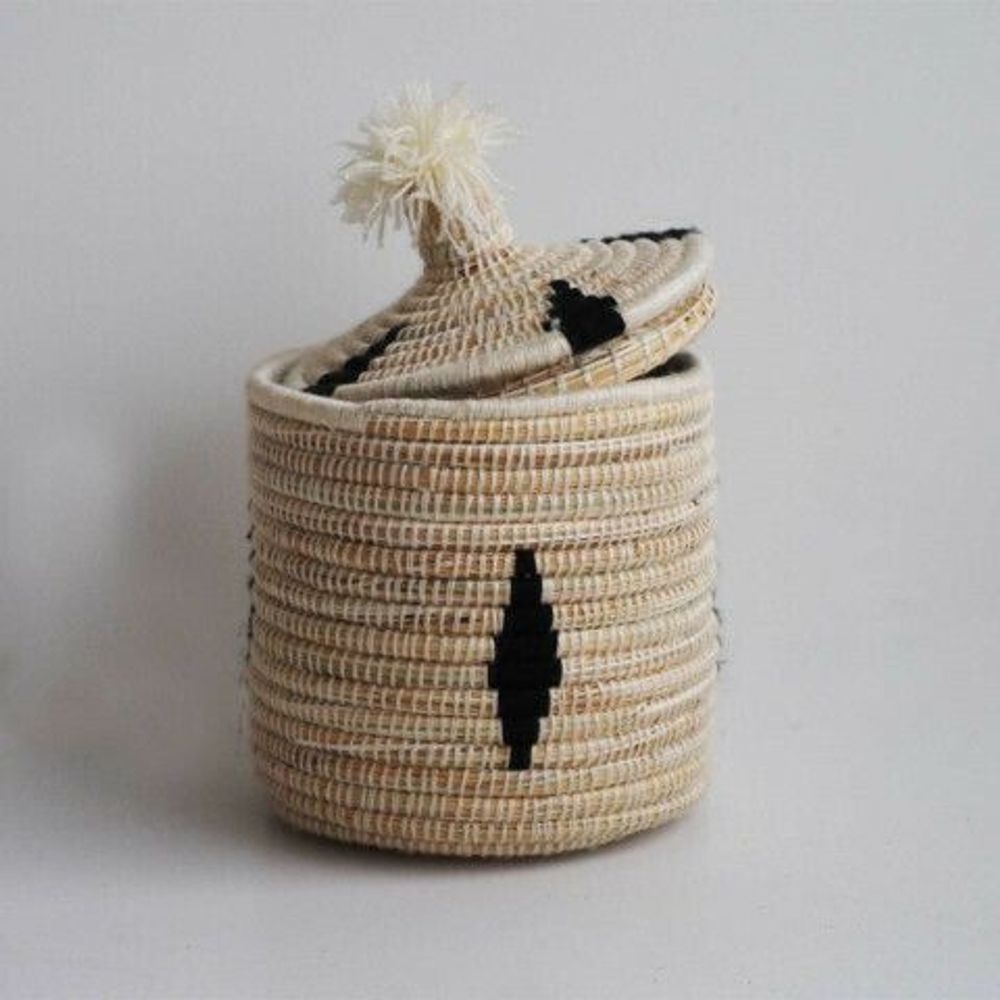 Boîtes de rangement - MALOU - Boîte berbère en laine et osier avec motif noir - L'ATELIER DES CREATEURS