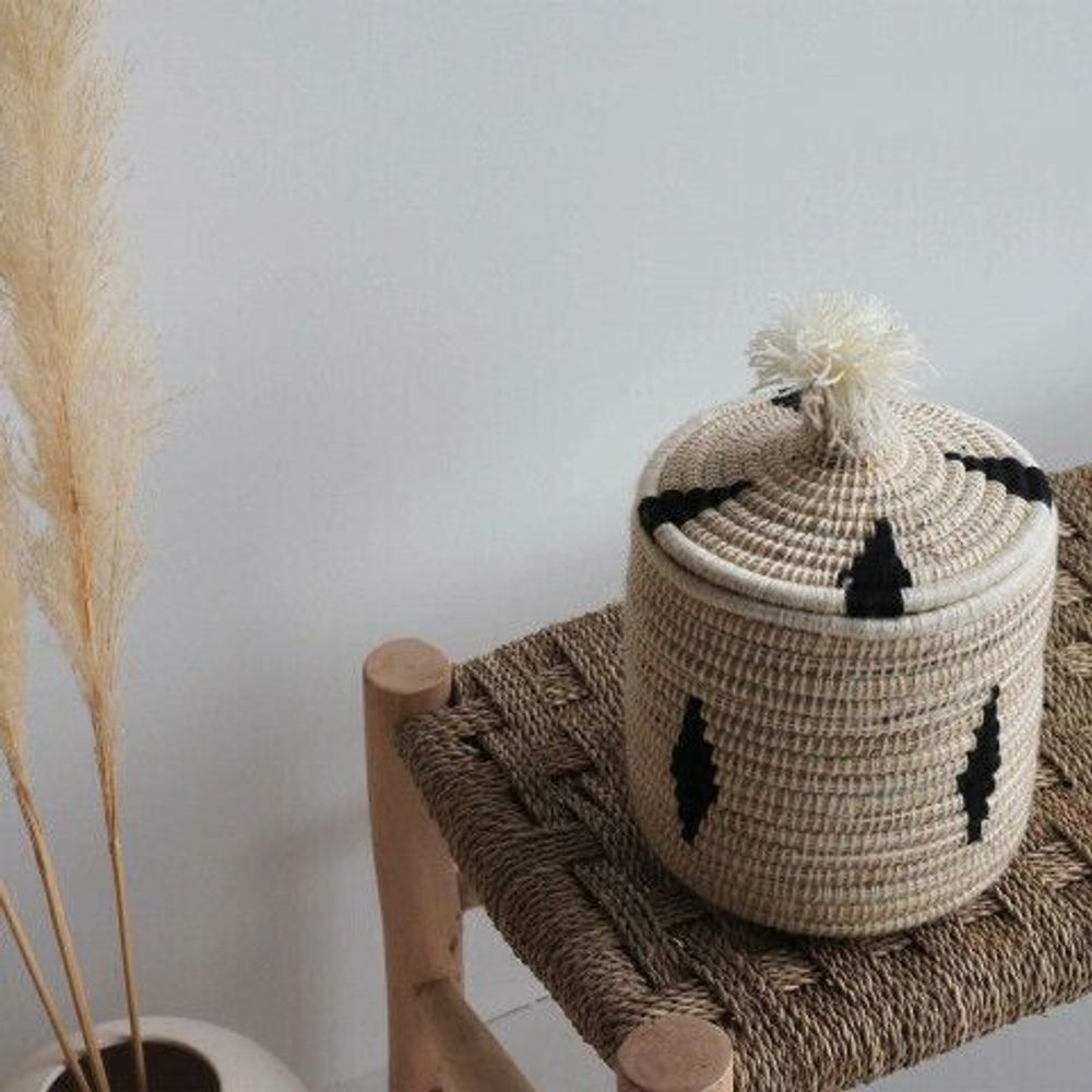 Boîtes de rangement - MALOU - Boîte berbère en laine et osier avec motif noir - L'ATELIER DES CREATEURS