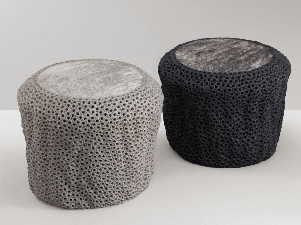 Unique pieces - Pierced Stoneware Stool of Side Table - GILLES CAFFIER
