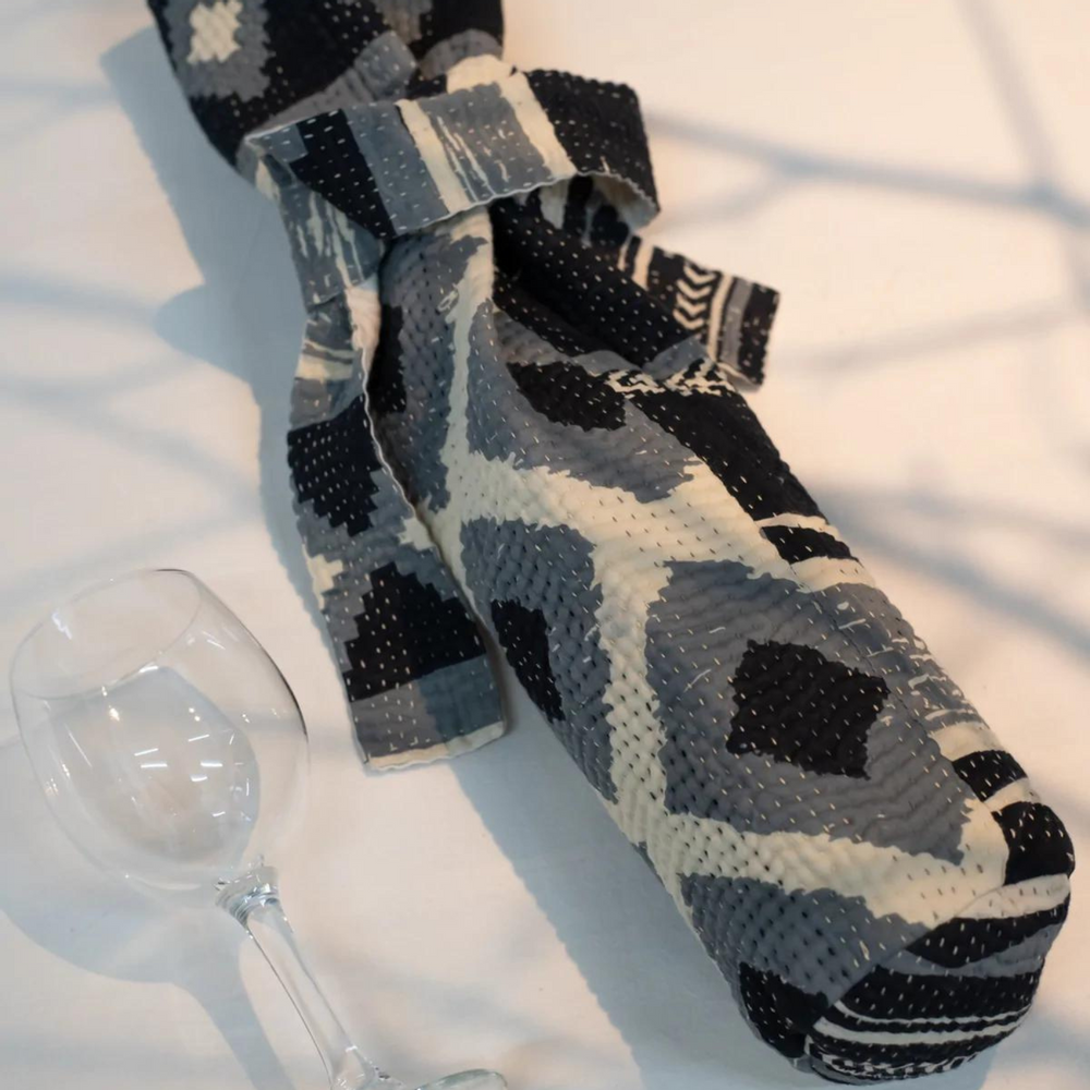 Bags and totes - Ikat Monotone handmade vintage Kantha wine bag - MAISON MIEKO