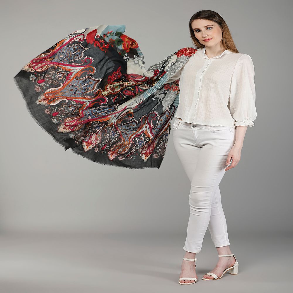 Fabrics - PURE WOOL EMBROIDERY SCARF - HINAR CORPORATION