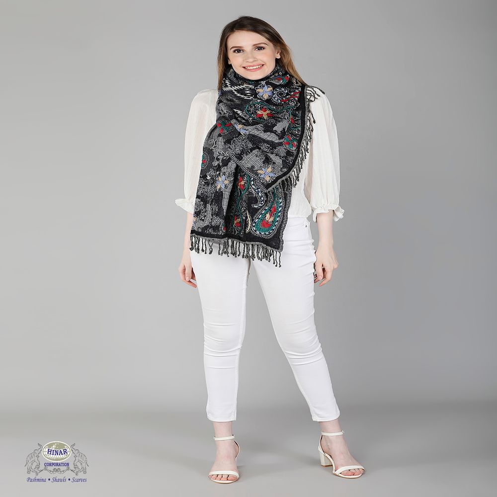 Scarves - COTTON WOOL EMBROIDERY SCARF - HINAR CORPORATION