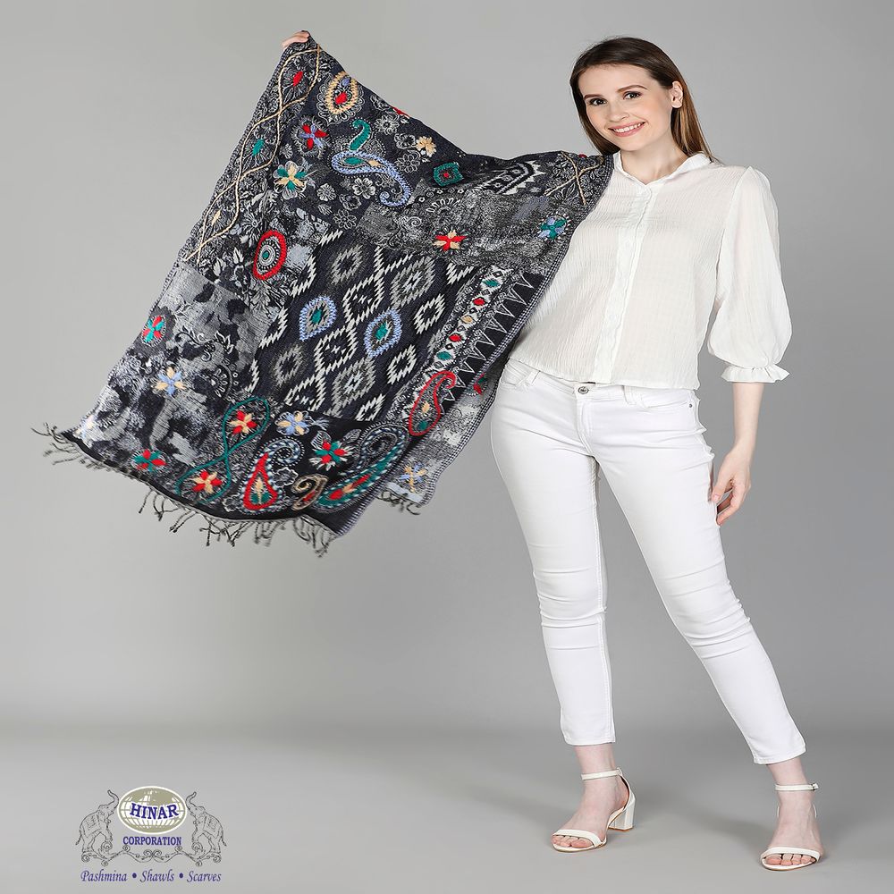 Scarves - COTTON WOOL EMBROIDERY SCARF - HINAR CORPORATION