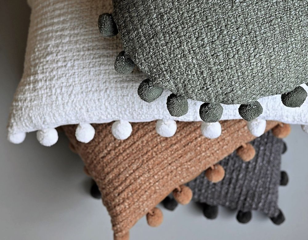 Fabric cushions - Handwoven pompoms cotton  cushions - MAISON LILO