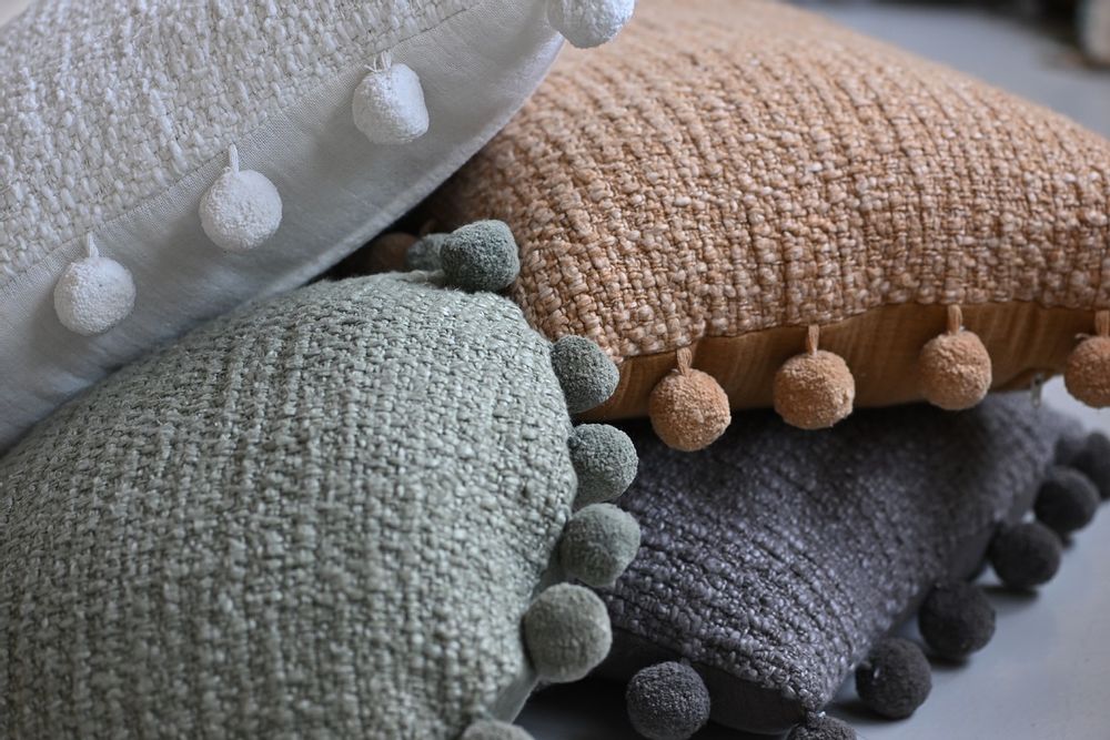 Fabric cushions - Handwoven pompoms cotton  cushions - MAISON LILO
