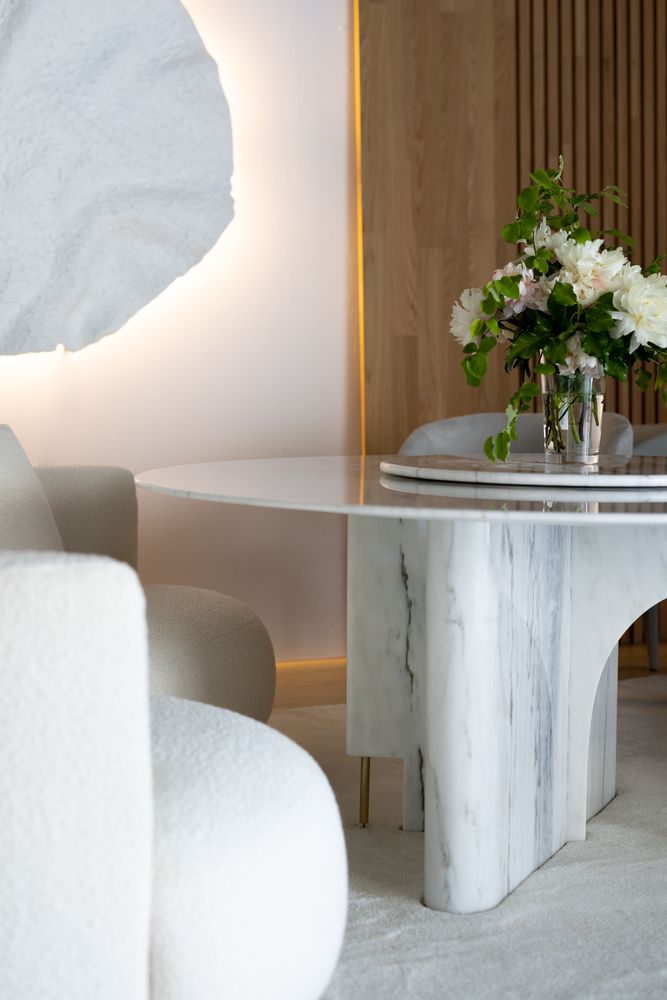 Dining Tables - Modern Ferreirinha Round Dining Table, Calacatta Marble, Handmade by Greenapple - GREENAPPLE DESIGN INTERIORS