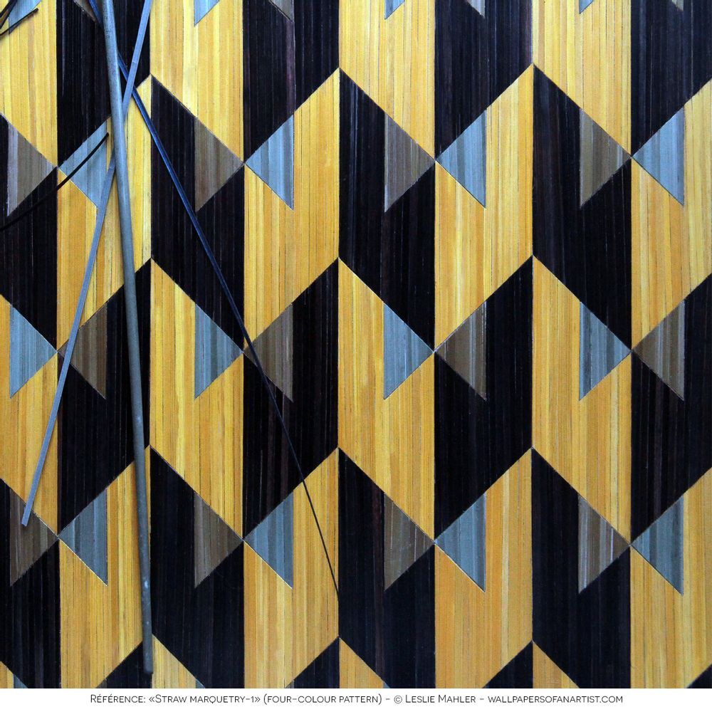 Revêtements muraux - Marqueterie de paille - motif 4 couleurs réalisé sur papier à maroufler ou support amovible - COSETTE ET LES LYS