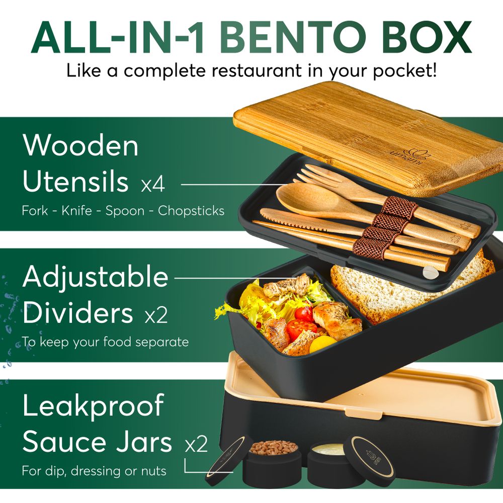 Boîtes de conservation - Noir et Bambou Bento Lunch Box Tout-en-1 - UMAMI BENTO