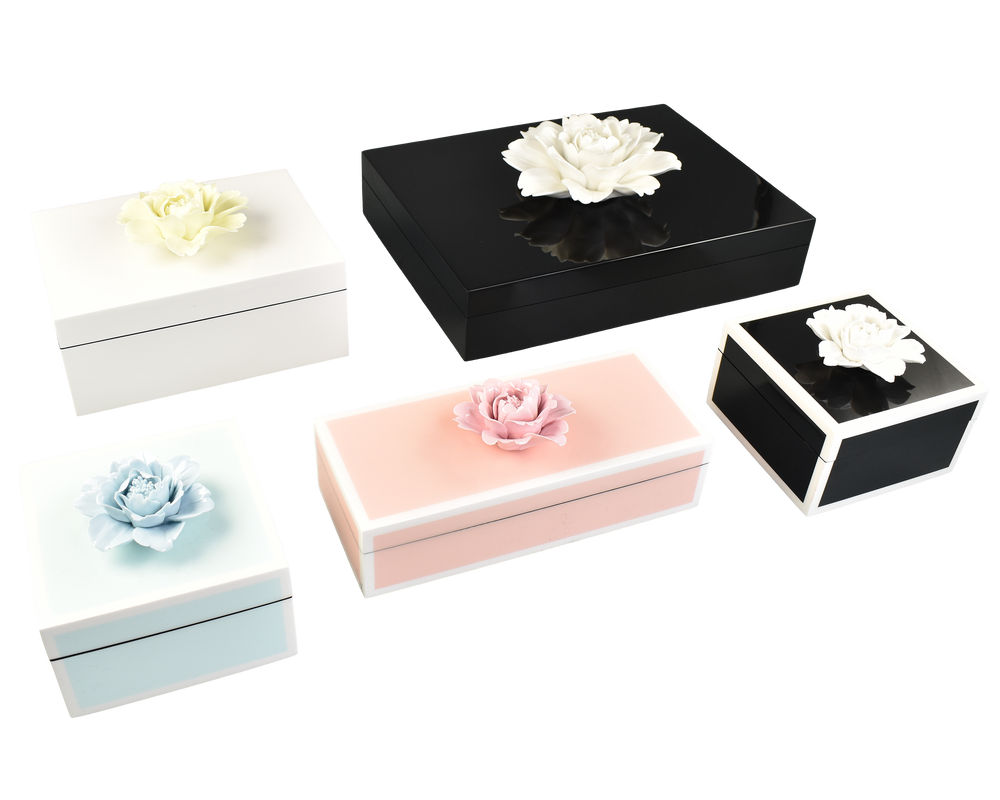 Customizable objects - Sunshine Yellow, Forest Green, Interlock, Leopard, Purple Tulipwood, Malachite, Porcelain Handle Boxes, Mappa Burn, Black with White - PACIFIC CONNECTIONS