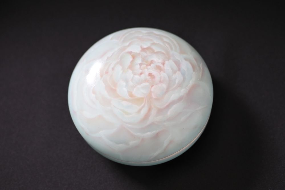 Ceramic - Hand painted Japanese celadon incense container with peony motif - YUKO KIKUCHI