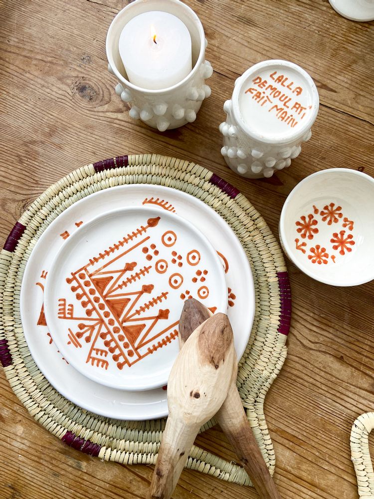 Everyday plates - White ceramic plate with TAJ terracotta pattern - LALLA DE MOULATI