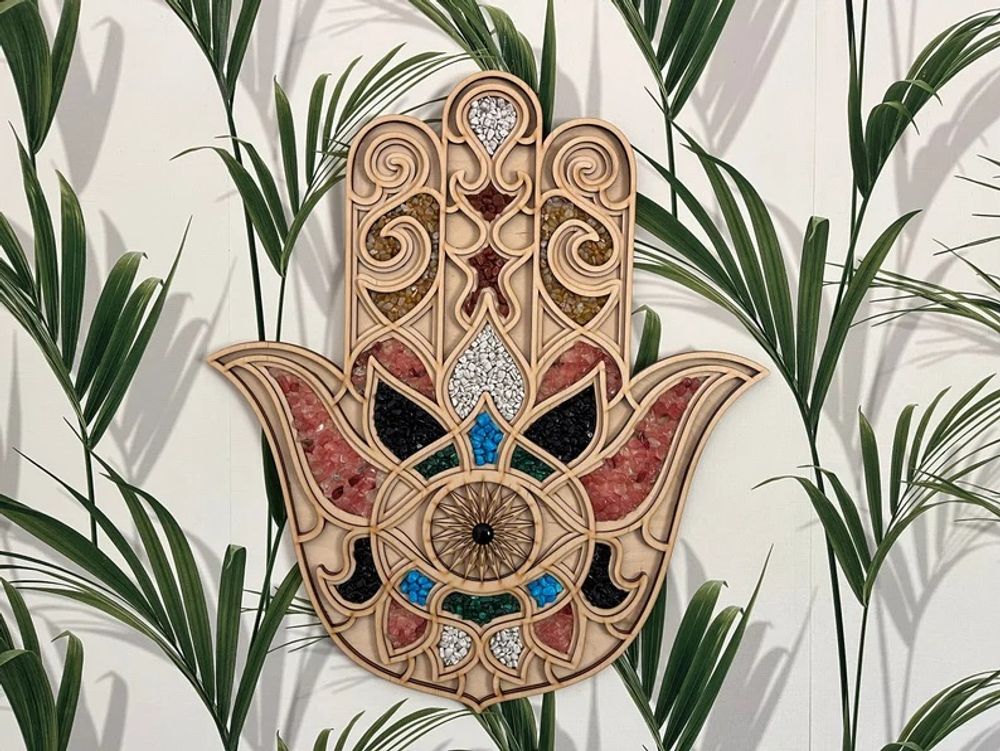 Other wall decoration - HAMSA WALL DÉCOR - Painted Mandala Art - Plywood Gemstone Hamsa Art For Wall Hanging - BHDECOR