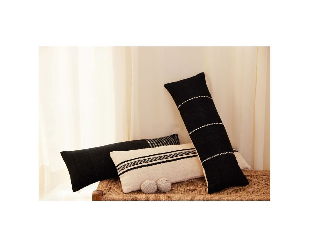 Fabric cushions - Stripe Lumbar Wool Pillow - Black - CASA AMAROSA