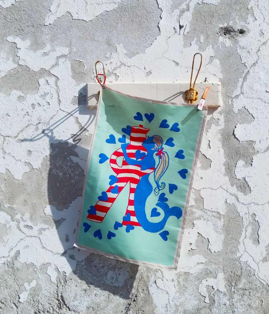 Tea towel - kitchen towel in linen and cotton with Love print - BACIO DEL MARINAIO