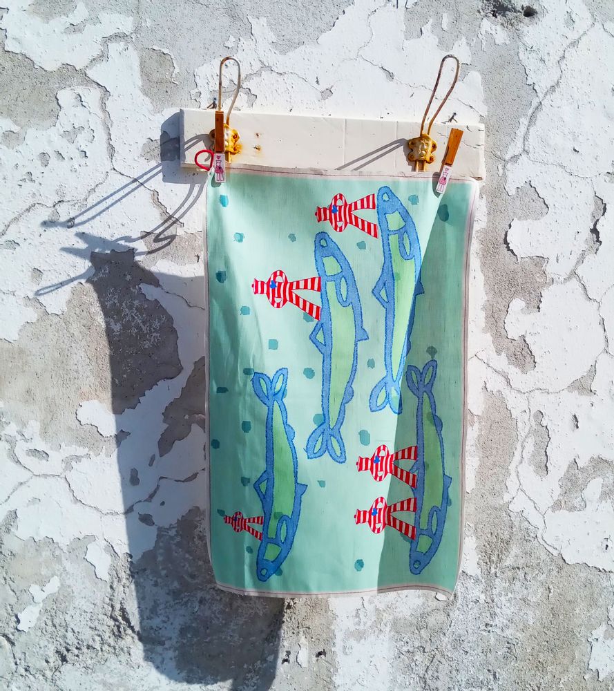 Tea towel - kitchen towel in linen and cotton with COMANDANTE DELLE ACCIUGHE print - BACIO DEL MARINAIO