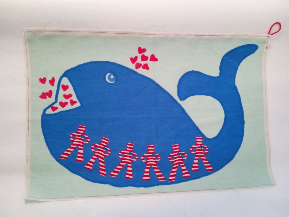 Tea towel - kitchen towel in linen and cotton with BALENA E MARINAI print - BACIO DEL MARINAIO