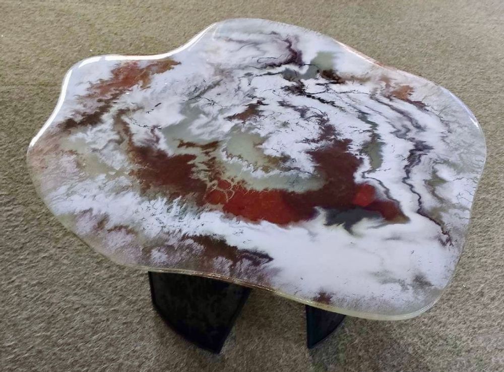 Pièces uniques - Table basse plateau verre fusing pièce unique. - RECYCLAGE DESIGN RÉANIMATEUR D'OBJETS R & D