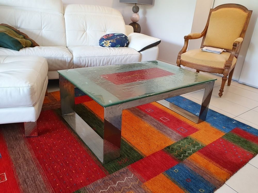 Pièces uniques - Table basse plateau verre fusing pièce unique. - RECYCLAGE DESIGN RÉANIMATEUR D'OBJETS R & D