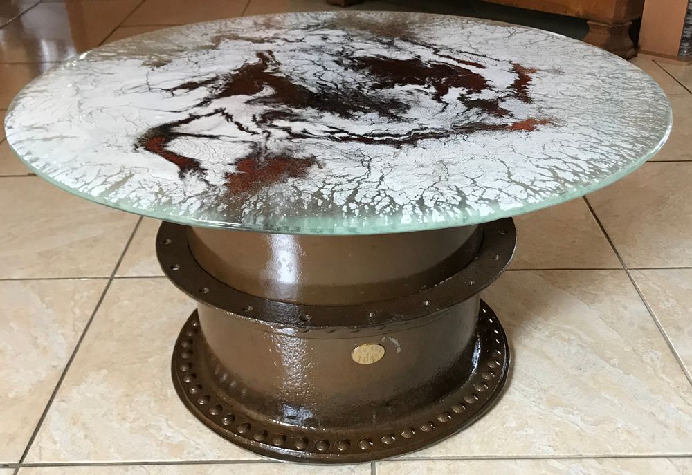 Pièces uniques - Table basse plateau verre fusing pièce unique. - RECYCLAGE DESIGN RÉANIMATEUR D'OBJETS R & D