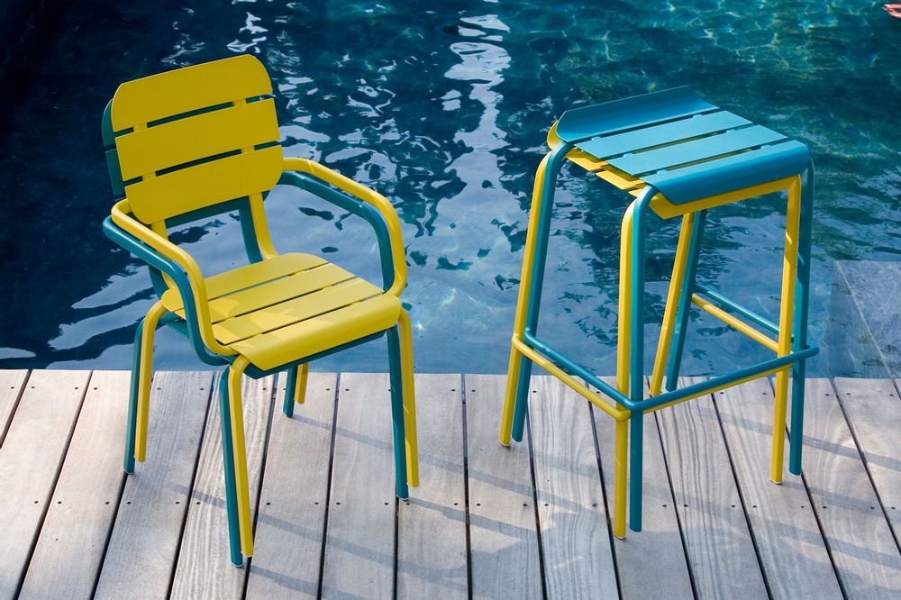 Lawn chairs - Alicante stackable bar stool Moka / reed green / water blue - EZEÏS