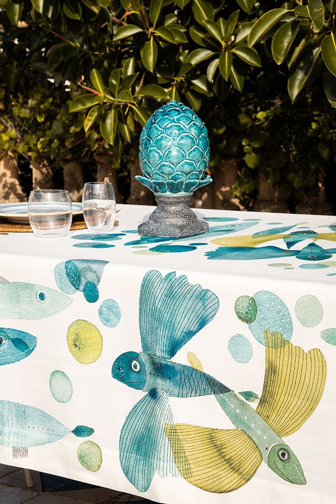 Kitchen linens - "Pesci Volanti" Linen Tablecloth - NAPKING BY BELLAVIA