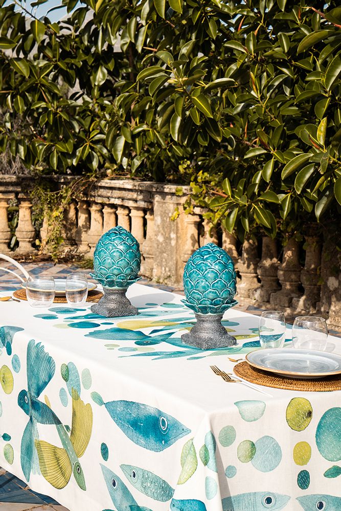 Kitchen linens - "Pesci Volanti" Linen Tablecloth - NAPKING BY BELLAVIA