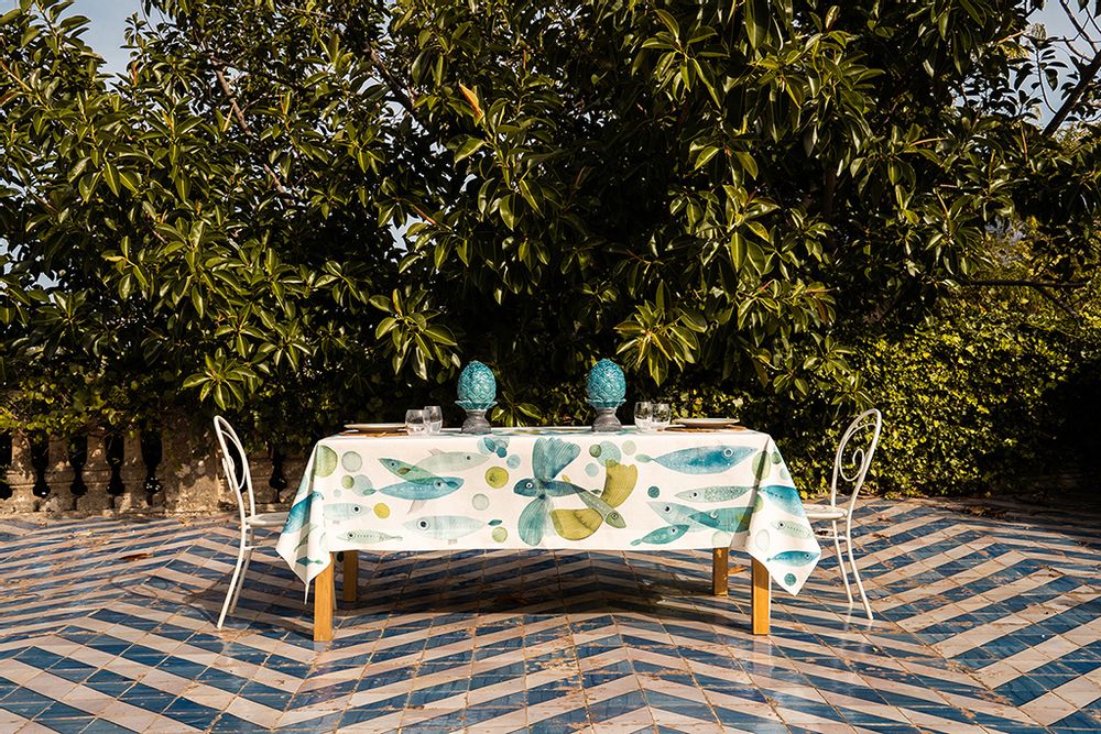 Kitchen linens - "Pesci Volanti" Linen Tablecloth - NAPKING BY BELLAVIA