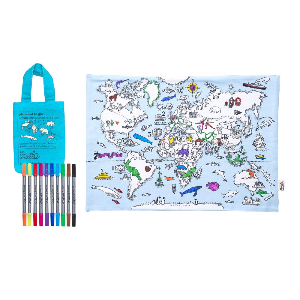 Sets de table - Set de table à colorier carte du monde portable - EATSLEEPDOODLE