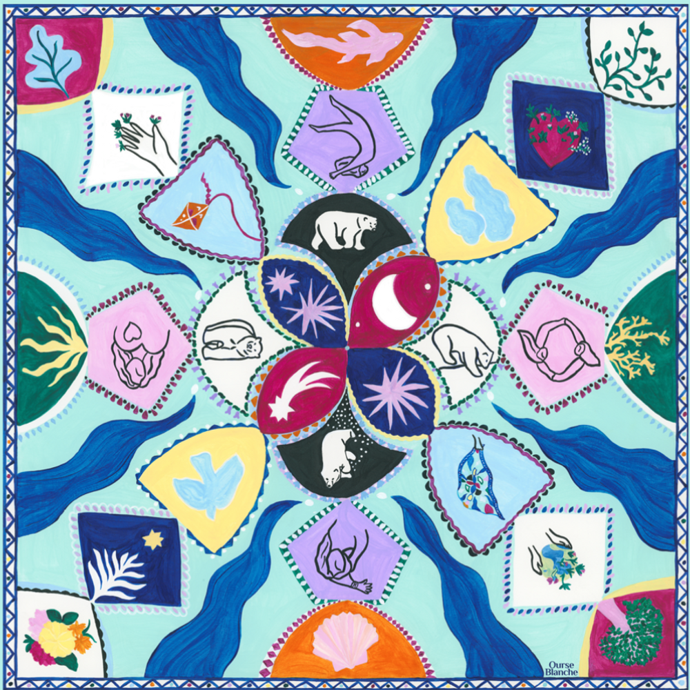Scarves - Large silk square 90 x 90 cm — Stars, Bears and Women - GOTS French silk - OURSE BLANCHE