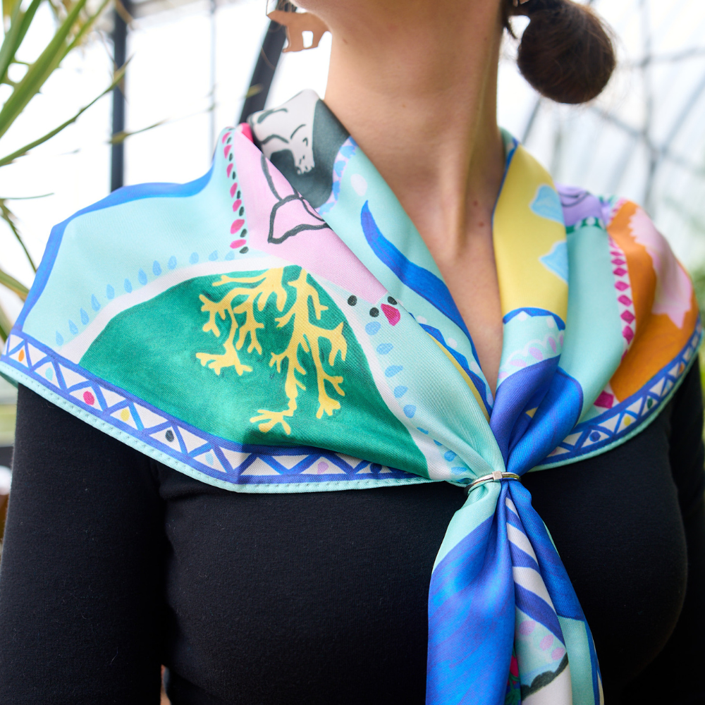 Scarves - Large silk square 90 x 90 cm — Stars, Bears and Women - GOTS French silk - OURSE BLANCHE