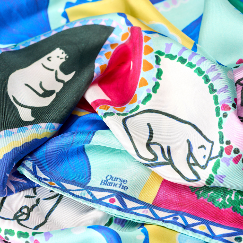 Scarves - Large silk square 90 x 90 cm — Stars, Bears and Women - GOTS French silk - OURSE BLANCHE