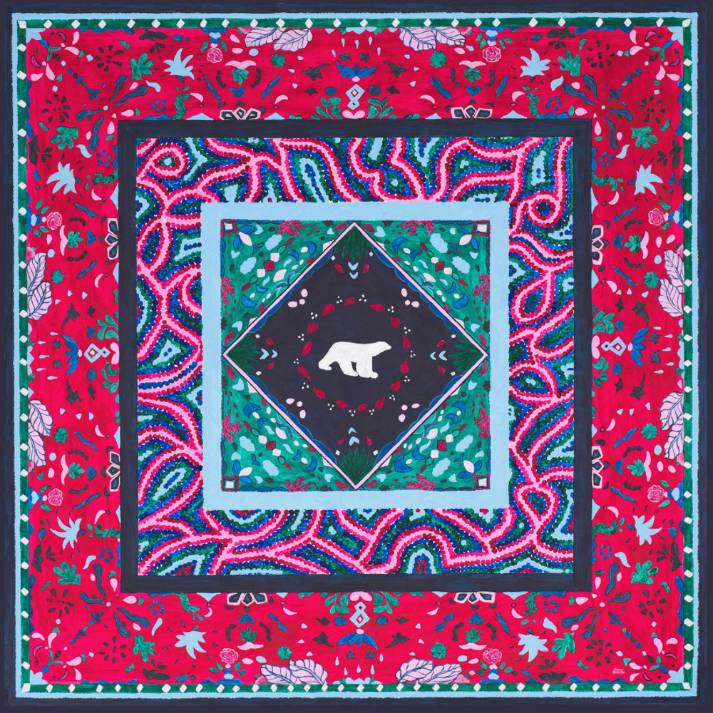 Foulards et écharpes - Grand carré de soie 90 x 90 cm - Pompon - soie française GOTS - OURSE BLANCHE