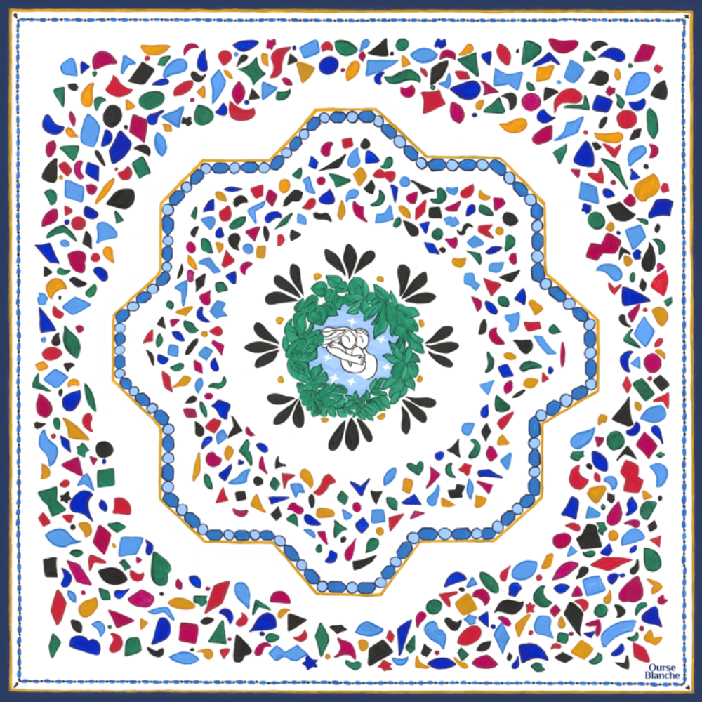 Foulards et écharpes - Petit carré de soie 45 x 45 cm - Amoureux des Etoiles – soie française GOTS - OURSE BLANCHE