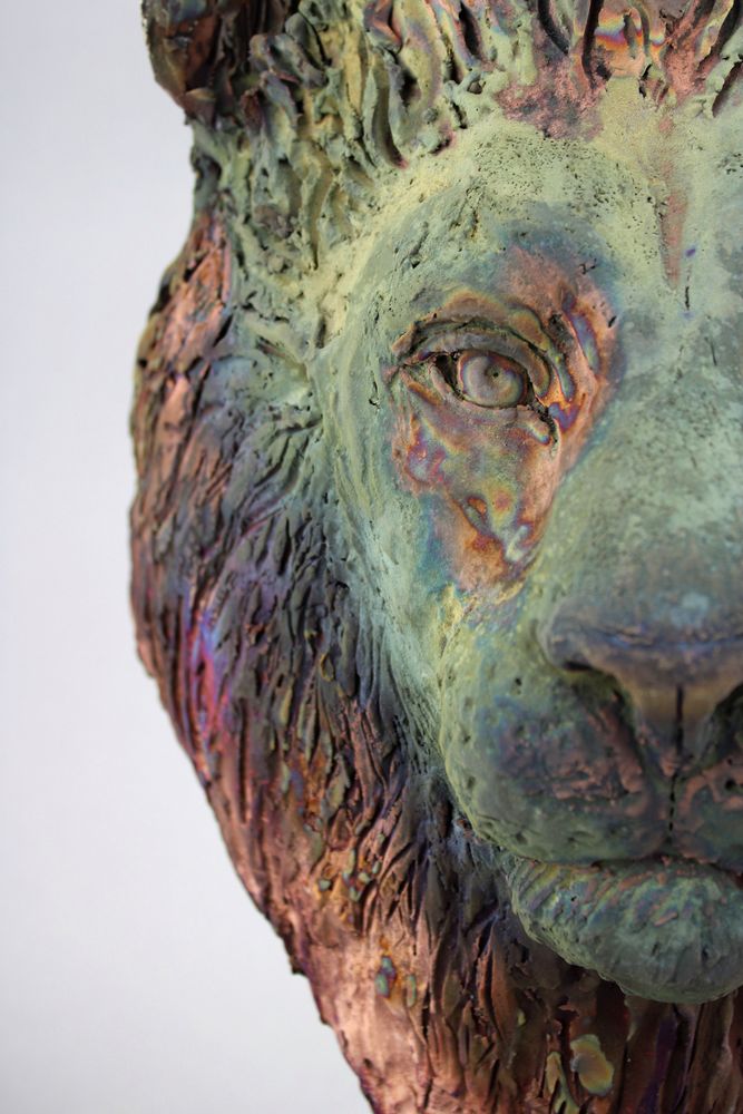 Unique pieces - Lion head in raku copper mat - SARA WEVILL ANIMAL SCULPTURE