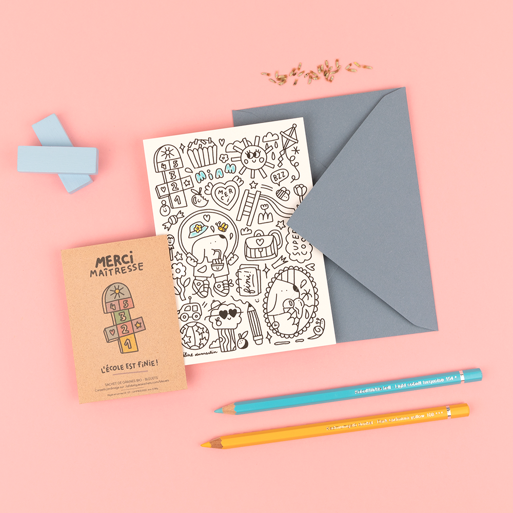 Papeterie - Carte Merci Maitresse à colorier - Graines de Bleuets - LA FABRIQUE À SACHETS
